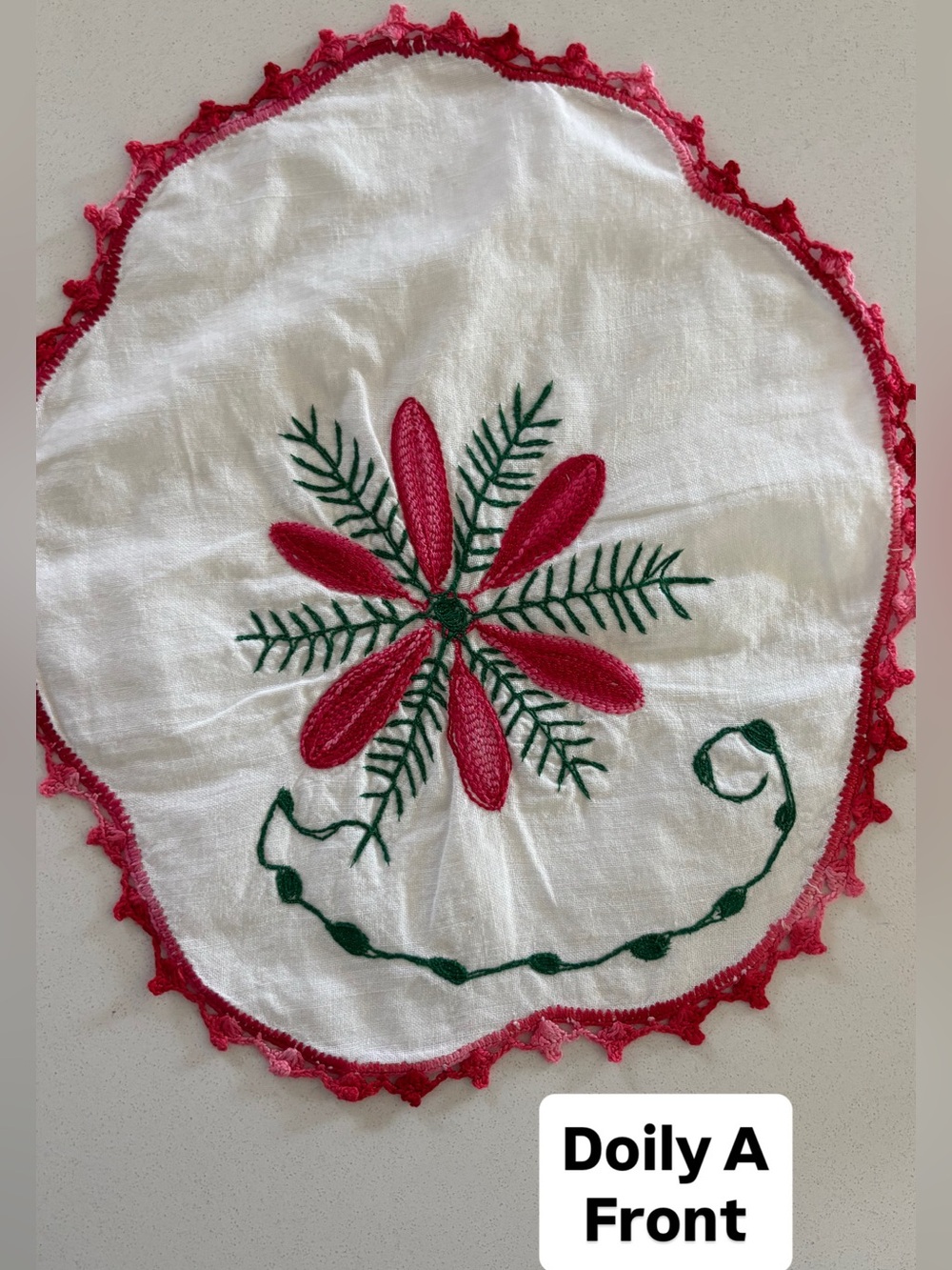Hand-Embroidered White Holiday Doily with Red Trim